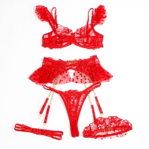 SUBBLIME - 957506 ENSEMBLE SOUTIEN-GORGE ET JARRETELLE EN DENTELLE ROUGE S-M