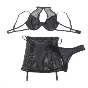 SUBBLIME - 957582 ENSEMBLE SOUTIEN-GORGE ET JUPE EN CUIR NOIR S-M