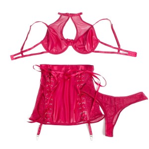 SUBBLIME - 957605 ENSEMBLE SOUTIEN-GORGE ET JUPE EN CUIR ROUGE S-M