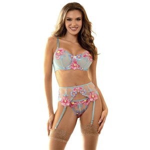 SUBBLIME - 957643 ENSEMBLE SOUTIEN-GORGE ET PORTE-JARRETELLES BRODÉ FLEURS ROSE S-M