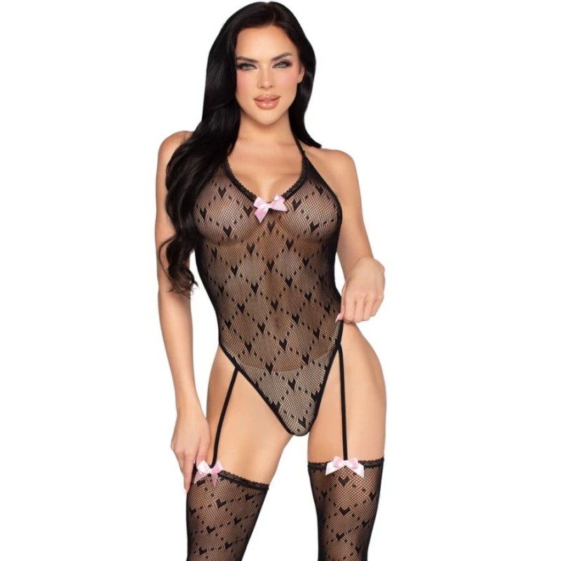 LEG AVENUE - 89360 BODY DOS OUVERT AVEC PORTE-JARRETELLES NOIR - TAILLE UNIQUE