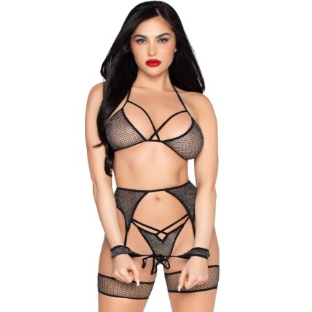 LEG AVENUE - 89362 ENSEMBLE HAUT STRING PORTE-JARRETELLES MENOTTES NOIR - TAILLE UNIQUE