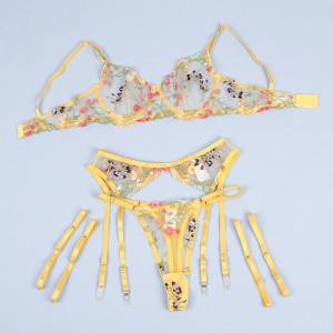 SUBBLIME - 954345 SOUTIEN-GORGE STRING PORTE-JARRETELLES MOTIF FLORAL JAUNE S-M