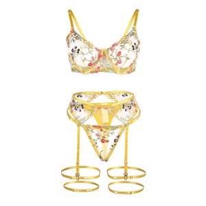 SUBBLIME - 954352 SOUTIEN-GORGE STRING PORTE-JARRETELLES MOTIF FLORAL JAUNE L-XL