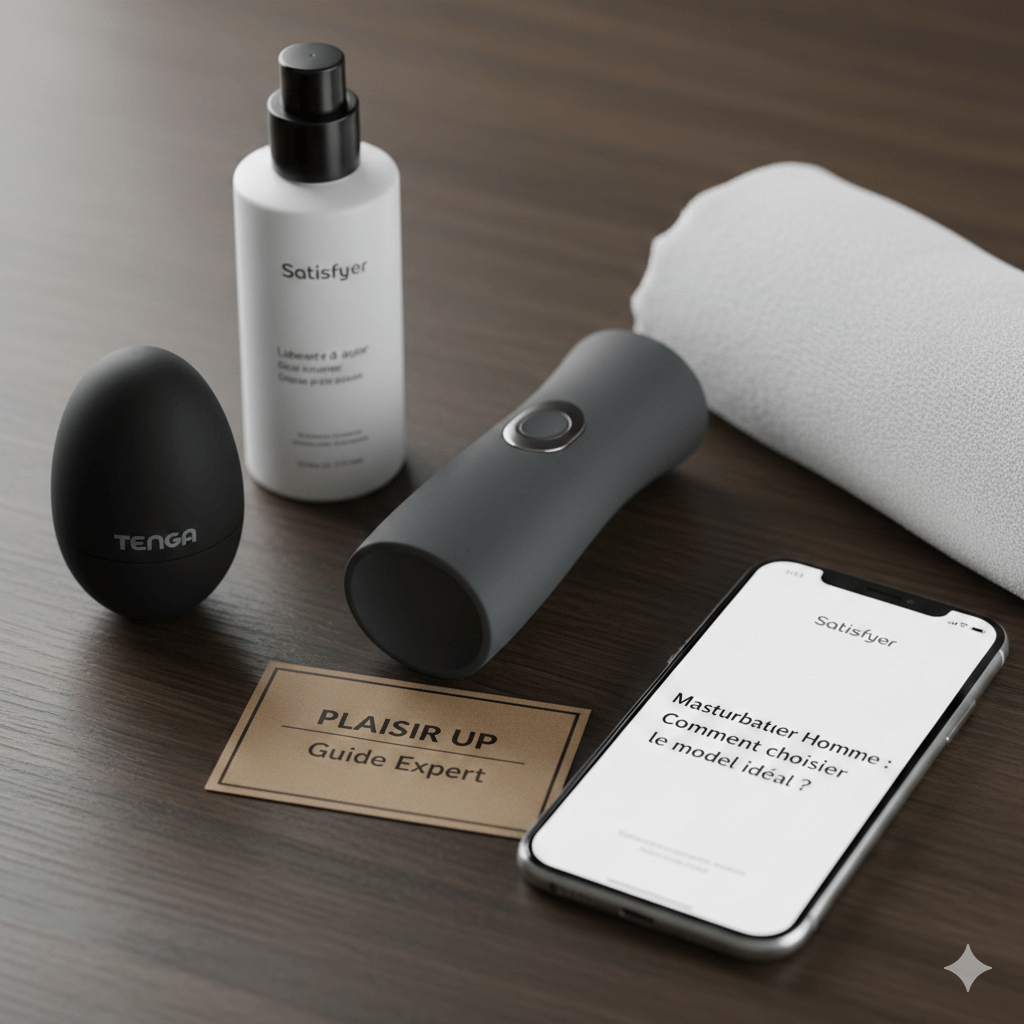 Gode/atout sexuel noir en forme d'œuf à côté d'un spray Satisfyer blanc, un appareil gris et une serviette; téléphone affichant guide séduisant. Carte "PLEASURE UP Guide Expert" sur une surface boisée.