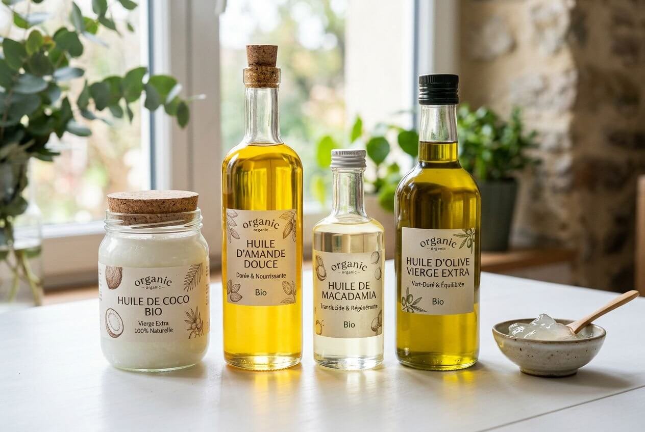 Assortiment d'huiles et de crème à base naturelle sur une table, évoquant des alternatives sans lubrifiant pour l’intimité.