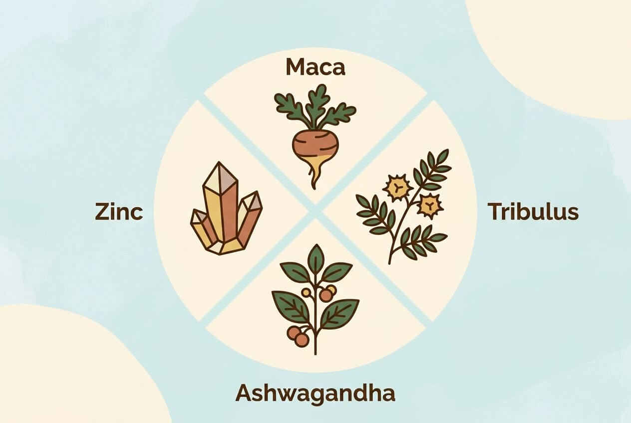 Astuce pour augmenter la libido chez la femme: illustration d’un cercle divisé en quatre sections avec des plantes (Maca, Ashwagandha, Tribulus) et des cristaux de zinc, suggérant des compléments naturels.