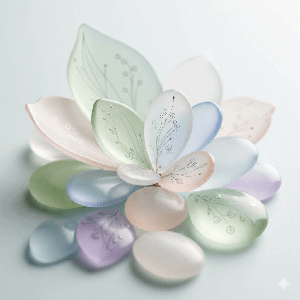 Fleurs ailées pastel formant un arrangement floral avec des pétales translucides et motifs délicats, sur fond clair.