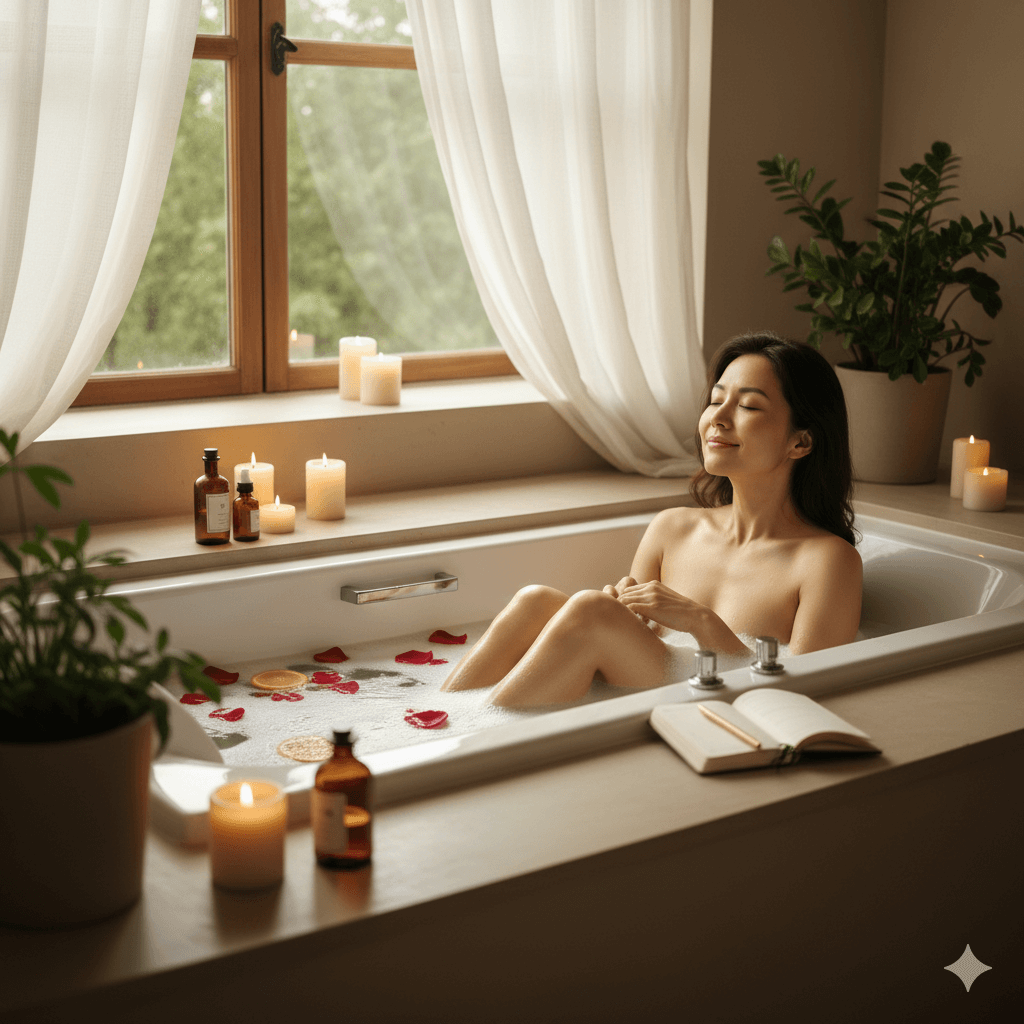 Femme recoit un soin spa dans un bain baignoire relaxante, candles allumées, pétales et huiles sur le rebord, livre ouvert à côté. Femme recoit un soin spa dans un bain baignoire relaxante, candles allumées, pétales et huiles sur le rebord, livre ouvert à côté.