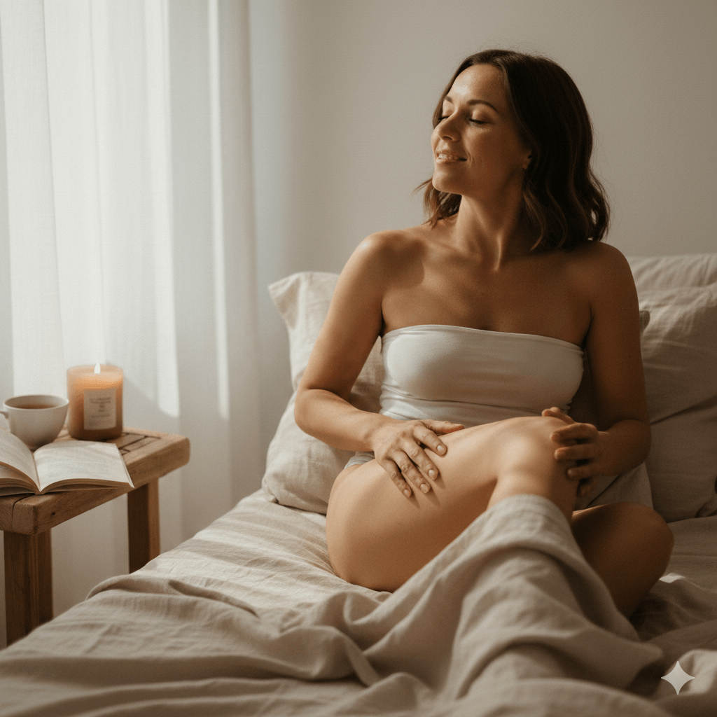 Femme assise sur le lit, torse nu avec bandeau blanc, regard apaisé, mains sur le ventre et genoux pliés sous une couverture beige; côté table de chevet: bougie, livre et tasse. Femme assise sur le lit, torse nu avec bandeau blanc, regard apaisé, mains sur le ventre et genoux pliés sous une couverture beige; côté table de chevet: bougie, livre et tasse.