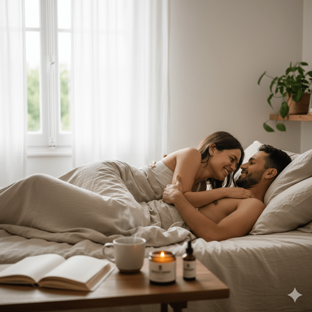 Couple allongé dans un lit, se souriant tendrement sous une couverture beige, avec bougies et livre sur une table à côté.