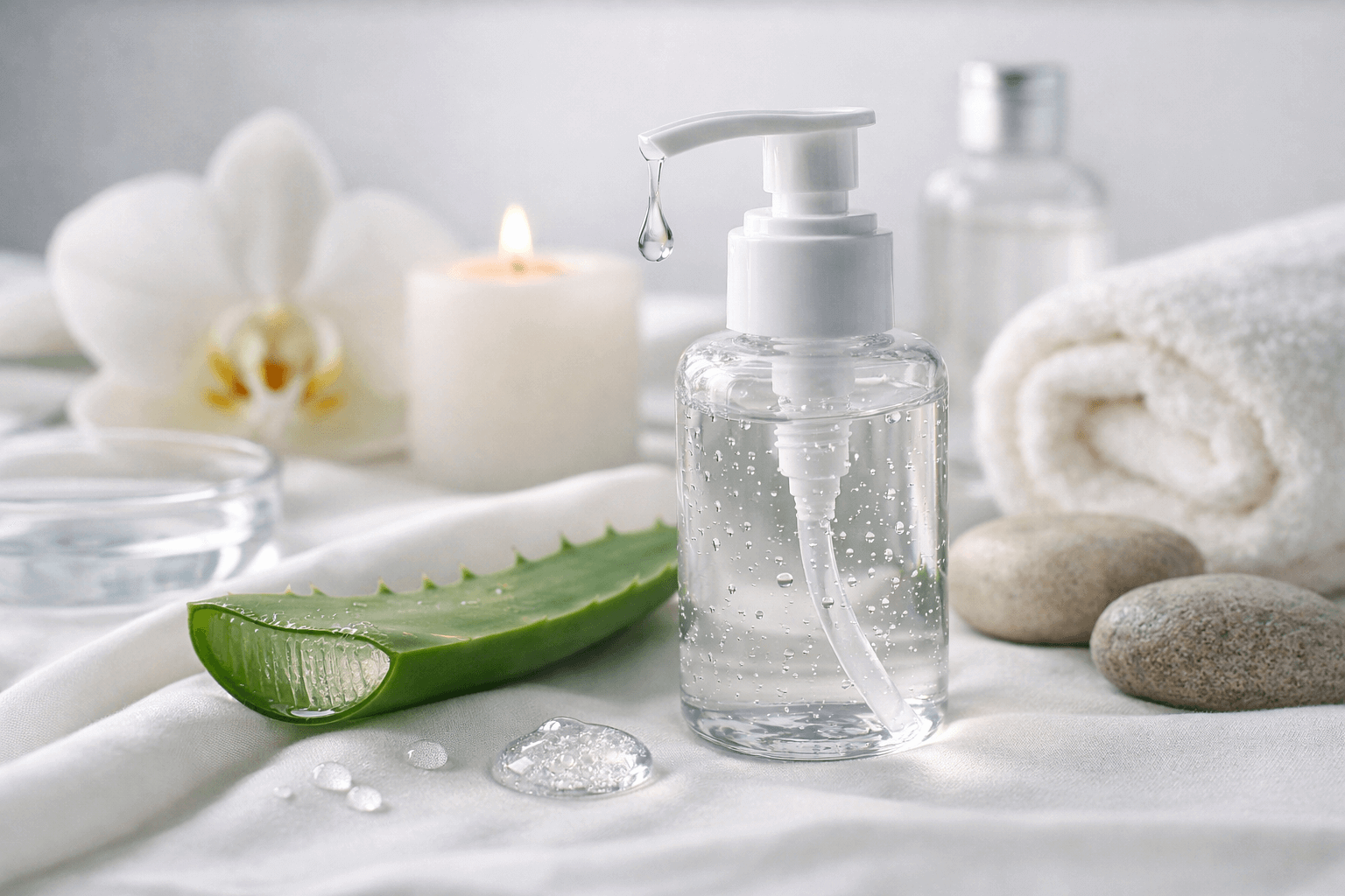 Gel douche ou savon transparent avec pompe, sur un linge blanc, entouré de pierres, feuille d’aloé et bougie dans un cadre spa.