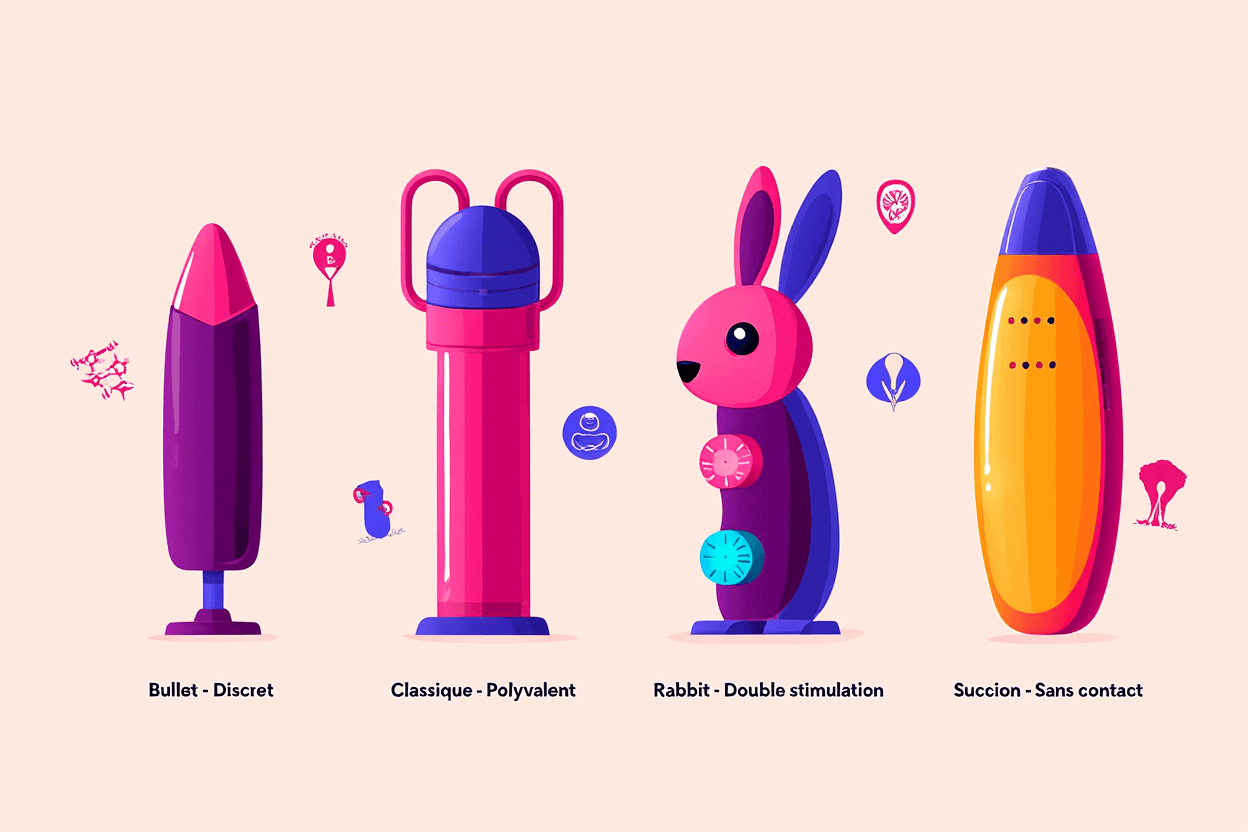 Quatre vibromasseurs colorés sur fond clair: Bullet discret, Classique polyvalent, Rabbit stimulation double, Succion sans contact, chacun avec forme et couleurs vives.