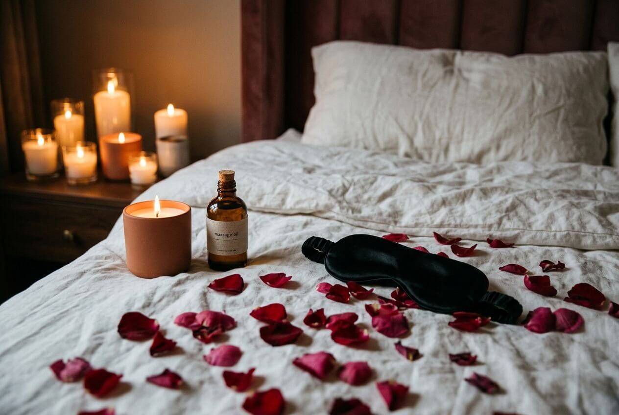 Bougie allumée et flacon d'huile essentielle sur un lit, pétales de rose rouge éparpillés, ambiance romantique propice à raviver la passion du couple.