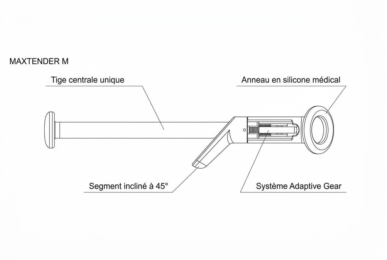 Cameo illustrant un dispositif médical de type pénile, avec tige centrale longue, anneau en silicone médical à l’extrémité et segment incliné à 45°, système Adaptive Gear.