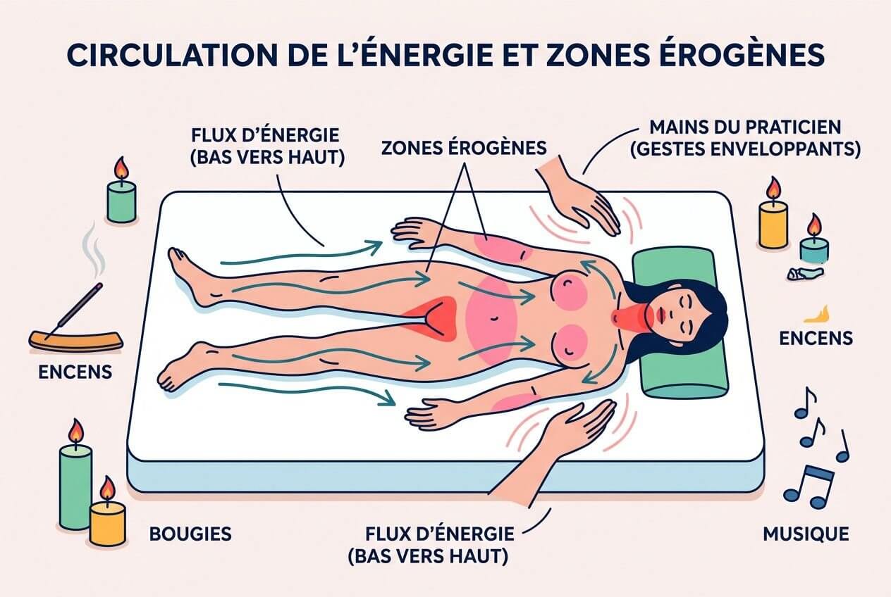 Circulation de l’énergie et zones érogènes sur un corps nu posé sur un matelas, mains qui entourent et stimulent, bougies et musique en arrière-plan. quantité de flux d’énergie illustré. keyword intégré: comment se passe le massage tantrique.