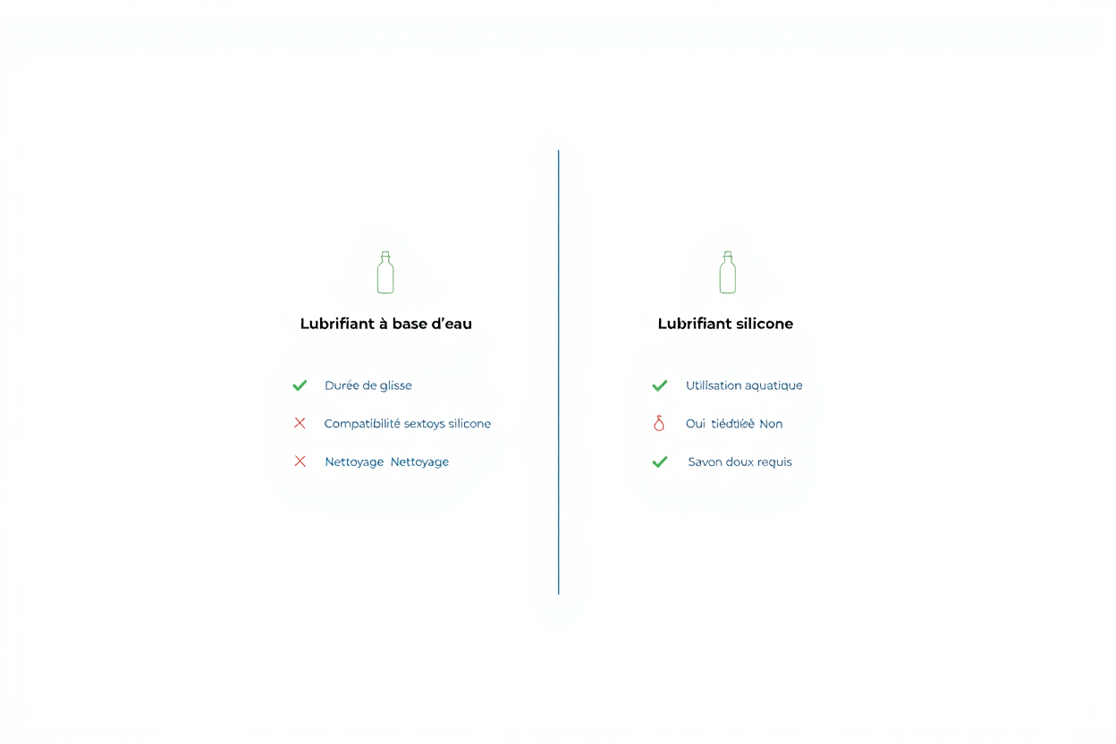 Comparatif de lubrifiants: colonne « Lubrifiant à base d’eau » et colonne « Lubrifiant silicone », critères de glisse, compatibilité et entretien, avec séparateur central. meilleur lubrifiant hydratant intégré naturellement.