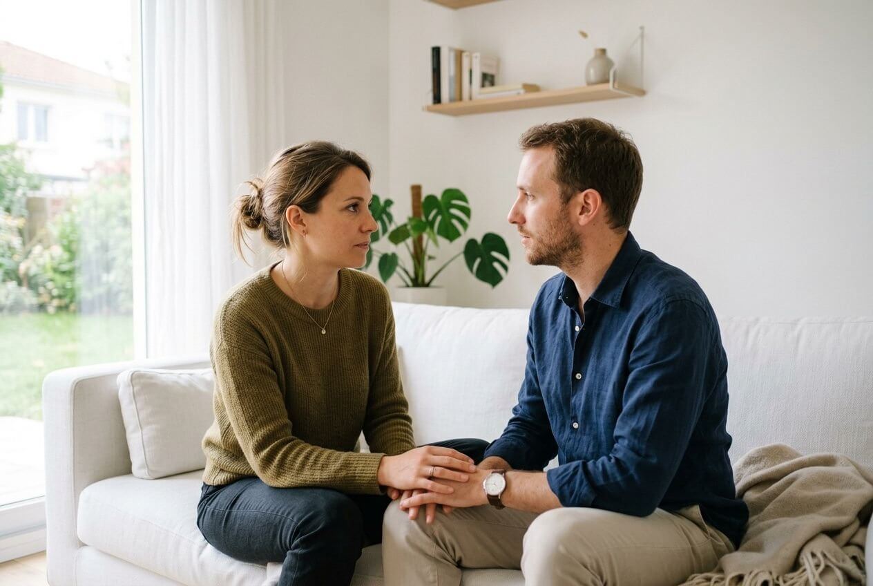 Couple en discussion calme assis sur le canapé, mains jointes, ambiance intime et respectueuse. Est-ce que les sextoys sont haram évoqué dans le contexte islamique.