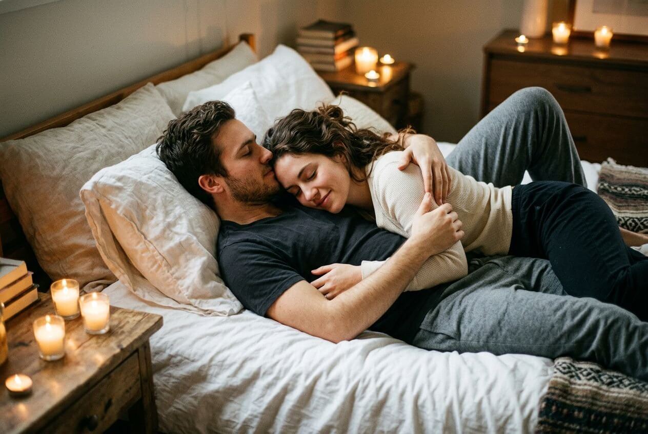 Couple dans un lit, se câlinant tendrement entouré de bougies, ambiance intime pour les préliminaires. préliminaires comment bien faire intégré naturellement.