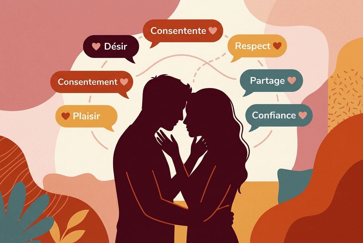 Couple qui se rapproche, silhouettes en baiser, entouré de bulles de dialogue sur consentement, désir et plaisir. Sage sensuel étapes par étapes intégrée naturellement.