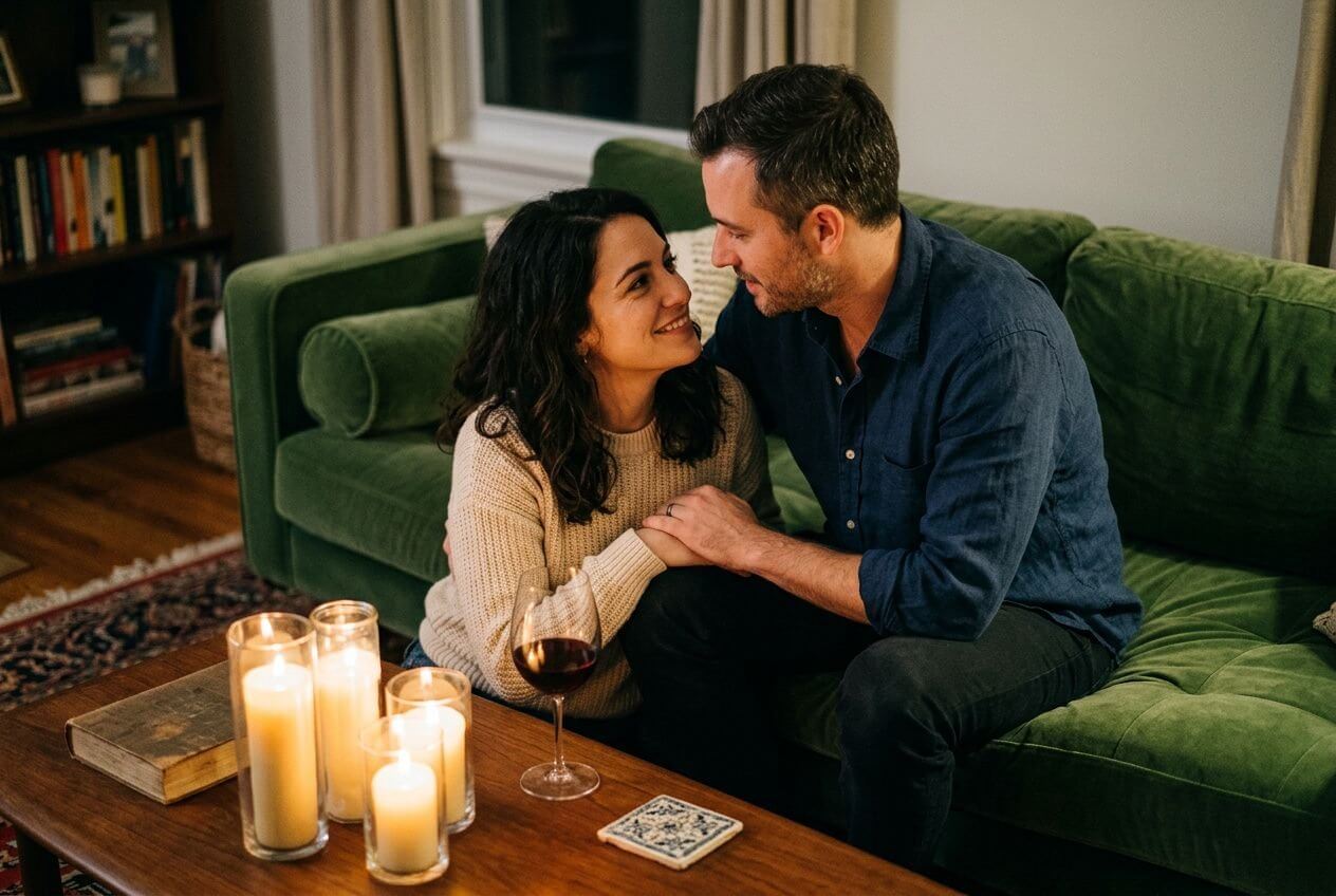 Couple souriant assis sur un canapé vert, ambiance romantique avec des bougies et un verre de vin sur la table, image propice à discuter de comment pimenter sa vie sexuelle en couple.