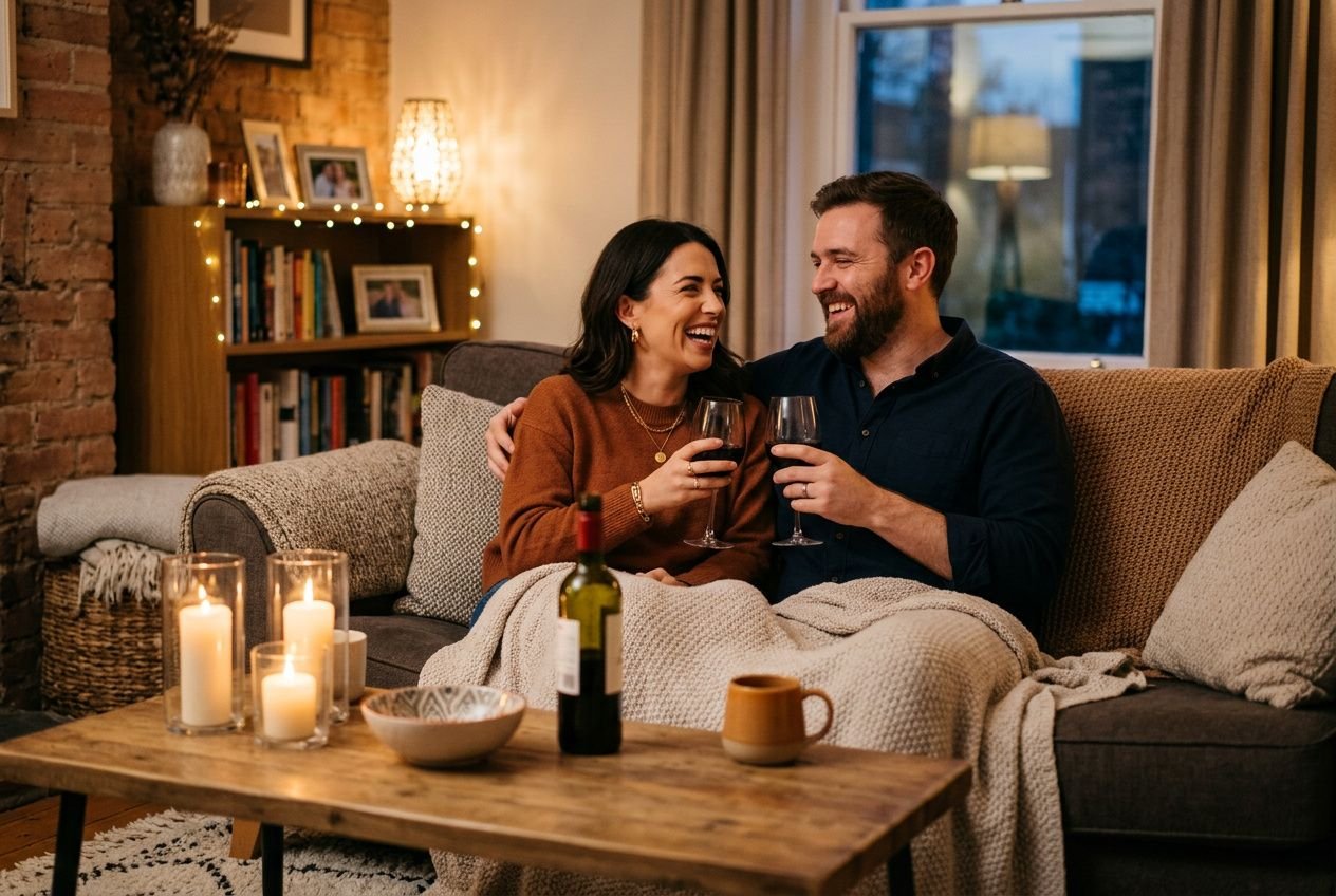 Couple souriant sur un canapé, dégustant du vin devant des bougies et une table basse, ambiance cosy à la maison pour des activités en couple le soir.