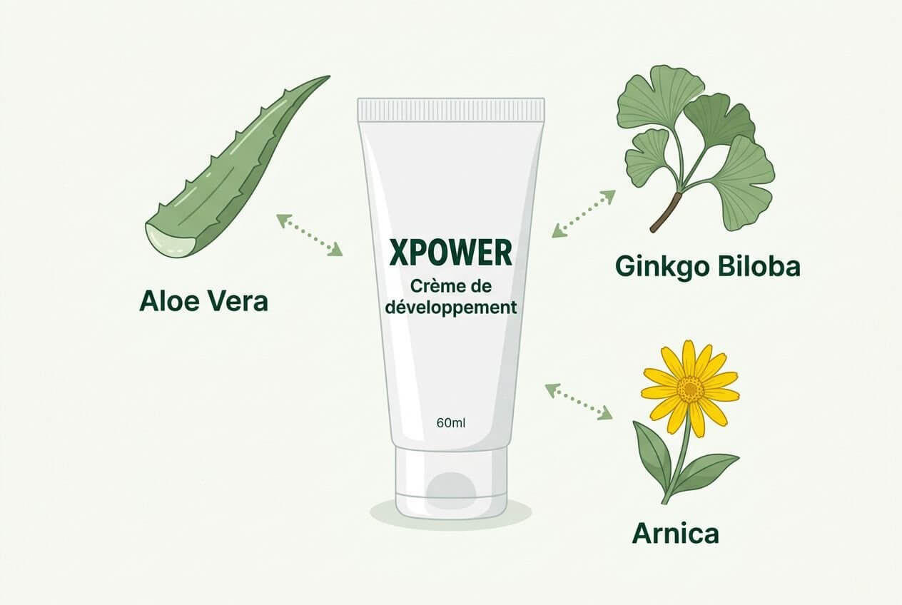 Crème de développement XPOWER entourée d’Aloe Vera, Ginkgo Biloba et Arnica montrant les ingrédients clés du produit.