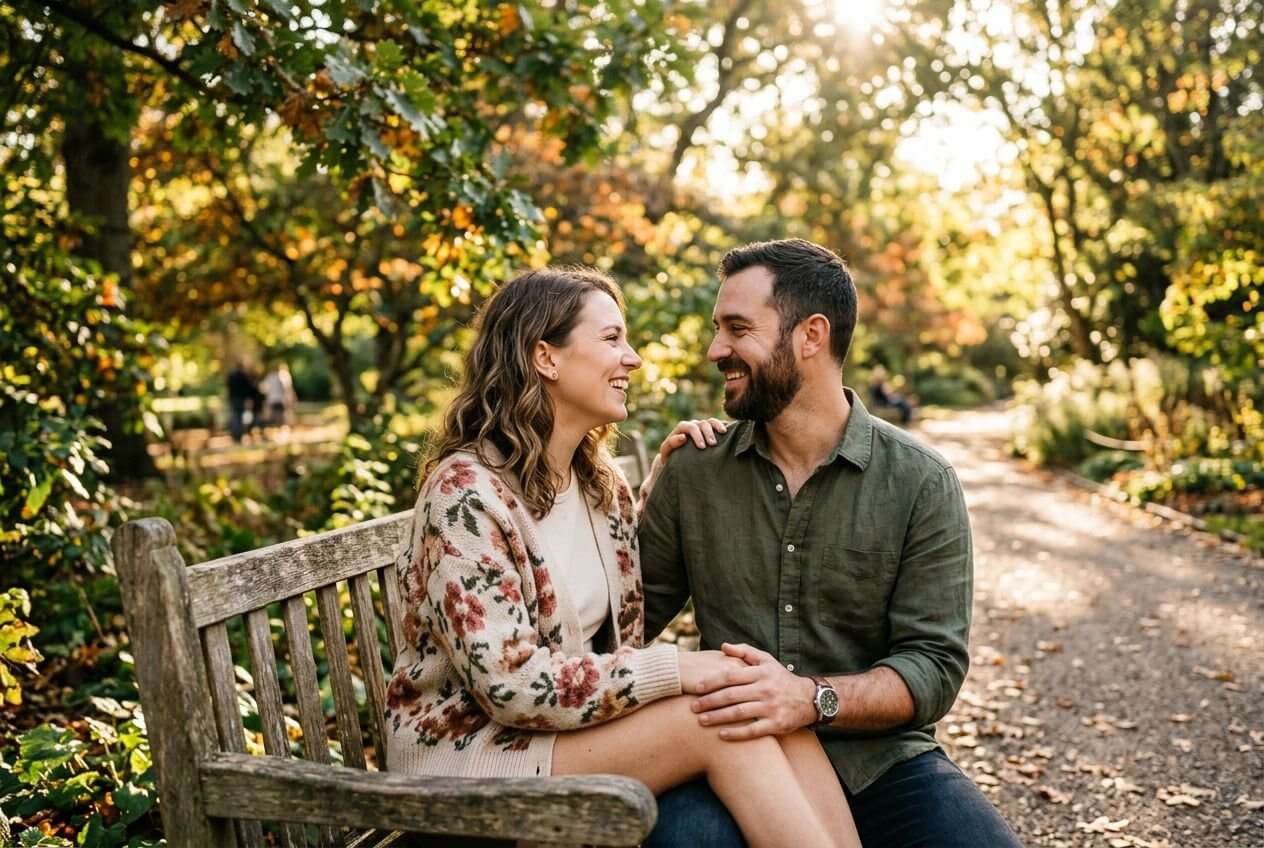 Deux adultes souriants assis sur un banc de parc, main dans la main, entourés de lumière dorée et de feuilles d’automne. texte suggéré: "comment raviver la passion couple" intégré naturellement.