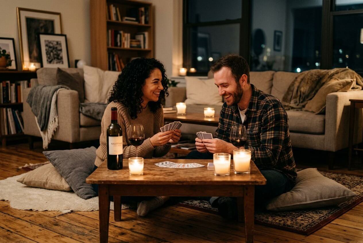 Deux personnes assises sur le sol, près d’une table basse, jouent à un jeu de société romantique en paix et complicité, éclairées par des bougies.
