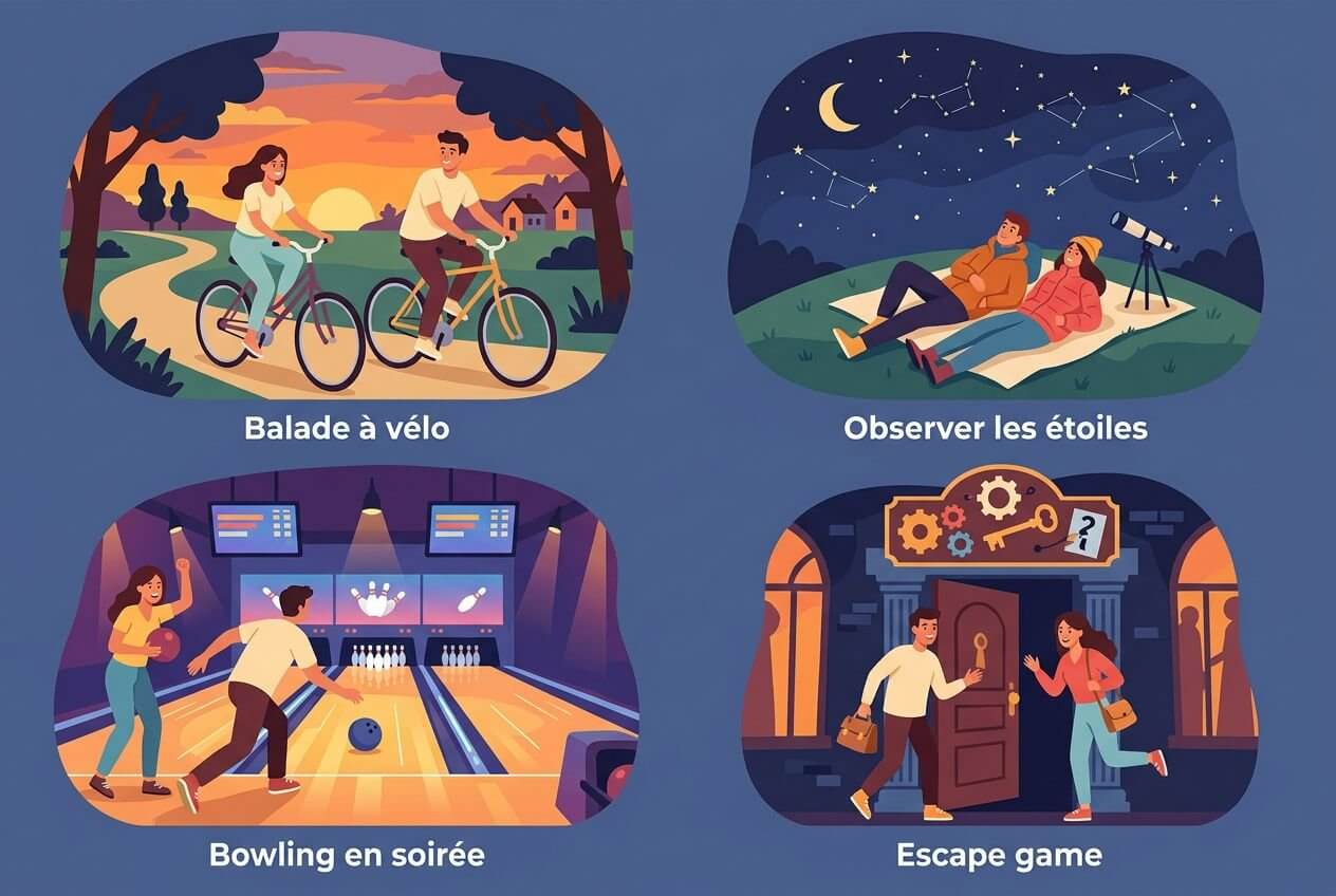Deux couples profitant d’activités en soirée: balade à vélo, observation des étoiles, bowling en soirée et escape game.