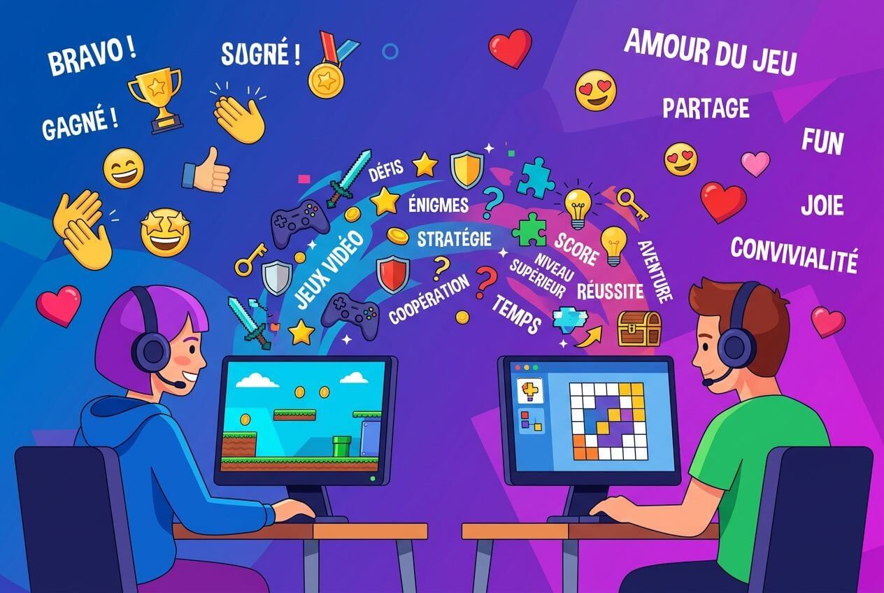 Deux joueurs en visio jeux vidéo sur ordinateur chacun, entourés d’icônes et mots comme “amour du jeu”, “partage” et “convivialité” illustrant des jeux couple à distance.