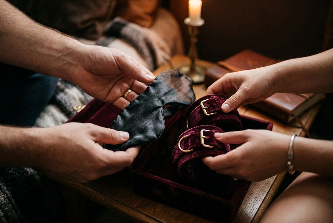 Deux personnes ajustant des accessoires BDSM sur une table, avec menottes et voile noir, dans une ambiance intime et consensuelle pour couples. pratiques bdsm pour couples