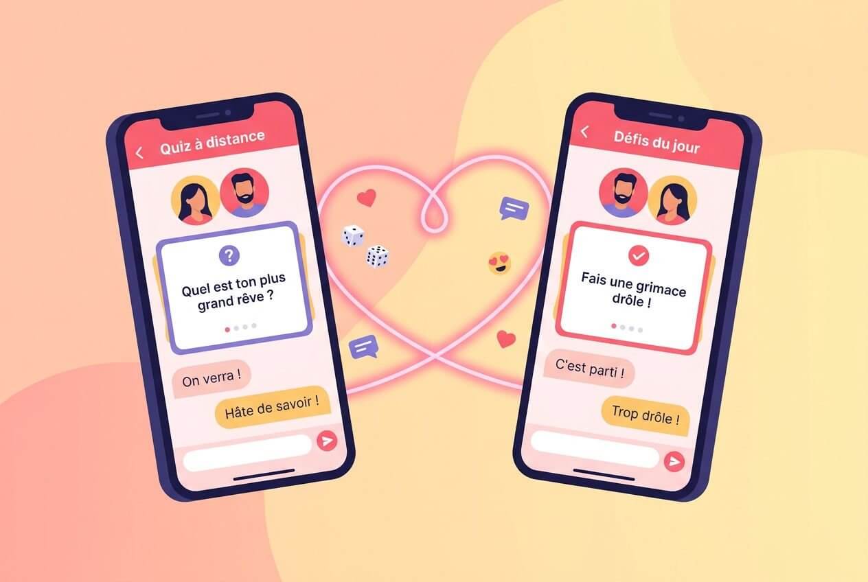 Deux smartphones affichent des jeux pour couples amoureux avec quiz et défis, reliés par un cœur lumineux.