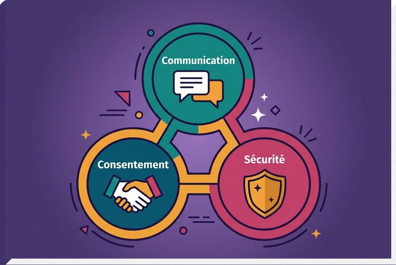 Diagramme circulaire montrant trois éléments: communication, consentement et sécurité, reliés entre eux avec des icônes de conversations, poignée de main et bouclier. Intègre le concept de pratiques bdsm pour couples.