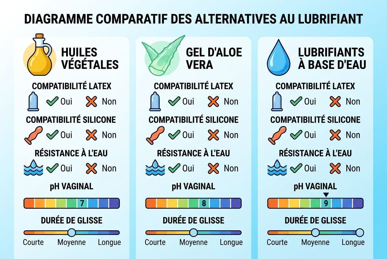 Diagramme comparatif des alternatives au lubrifiant: huiles végétales, gel d’aloe vera et lubrifiants à base d’eau, avec compatibilités, pH vaginal et durée de glisse. comment faire sans lubrifiant.