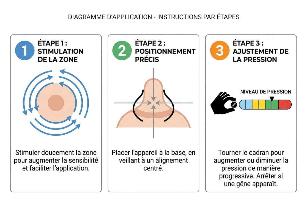 Diagramme d’application en trois étapes pour pinces à tétons guide d'utilisation et conseils de sécurité: stimulation, positionnement précis, ajustement de la pression.