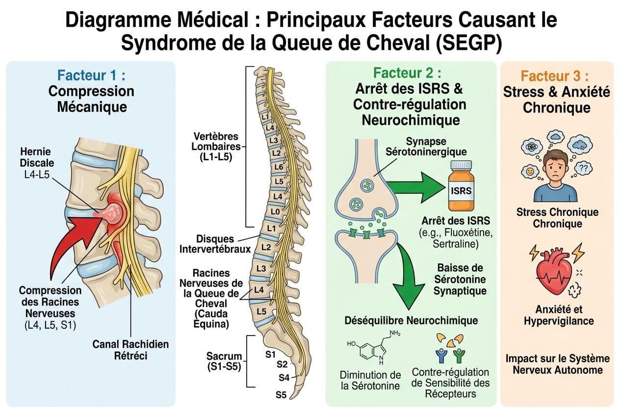 Diagramme médical illustrant les facteurs du Syndrome de la Queue de Cheval (SEGP) et ses composantes: compression mécanique, arrêt des ISRS et neurochimie, et stress/ANxiété chronique, avec schémas de nerfs lombaires et cerveau.