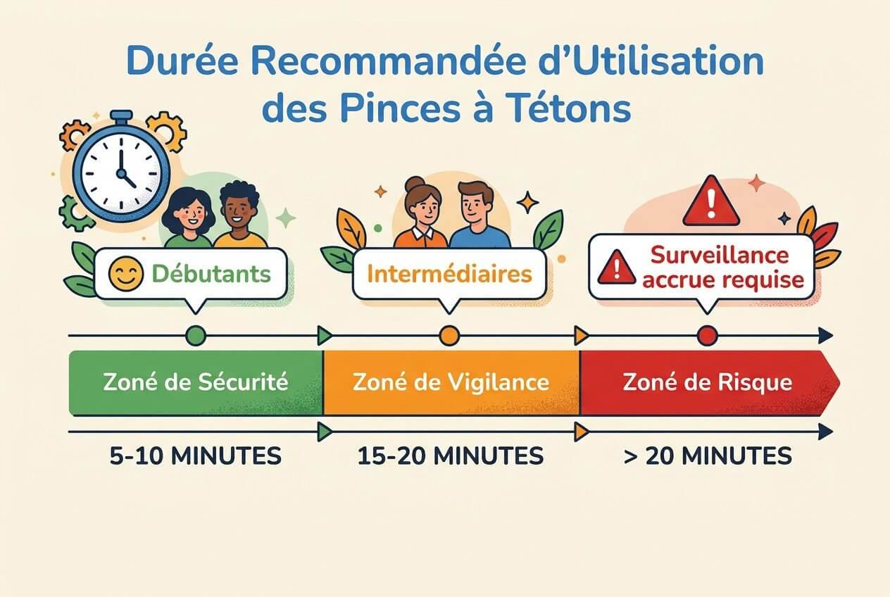 Durée recommandée d’utilisation des pinces à tétons guide d'utilisation: illustration montrant zones sécurité, vigilance et risque avec temps 5-10, 15-20 et >20 minutes.