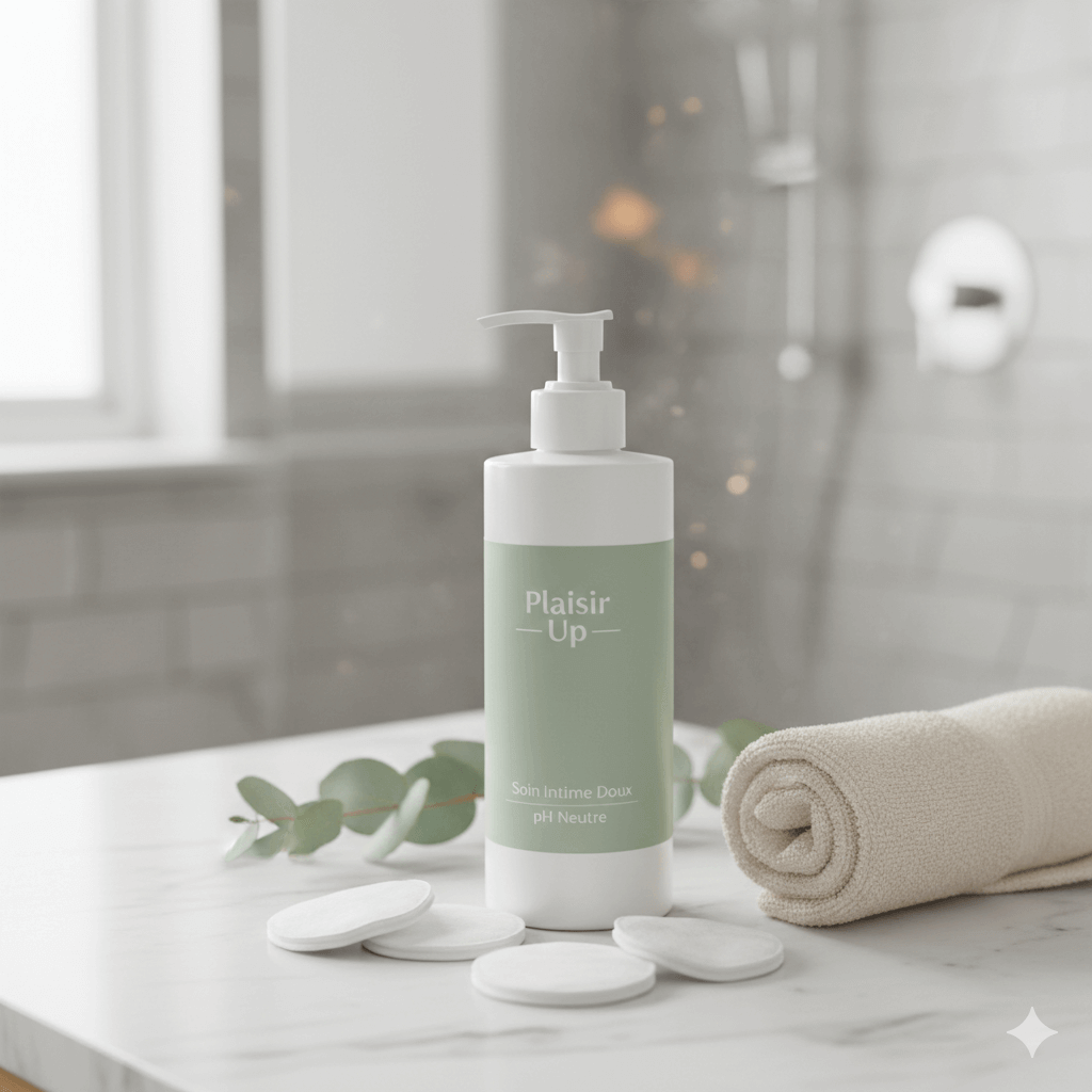Flacon pompe blanc label vert pastel « Plaisir Up », produits d’hygiène intime sur une table, devant serviette roulée et disques coton, ambiance spa.