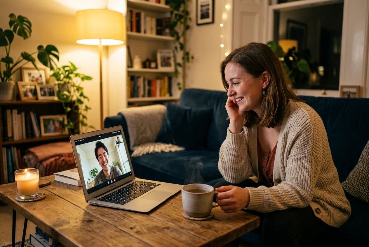 Femme souriante en visioconférence sur laptop à domicile, tasse à café à la main, ambiance chaude et cosy. incluant thème « comment pimenter sa vie de couple à distance » de manière naturelle.
