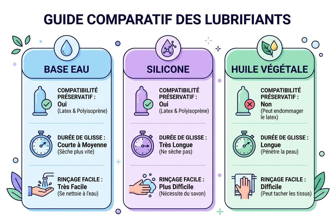 Guide comparatif des lubrifiants: Base eau, Silicone et Huile végétale, avec caractéristiques et durées de glisse. meilleur lubrifiant intime selon vos besoins.