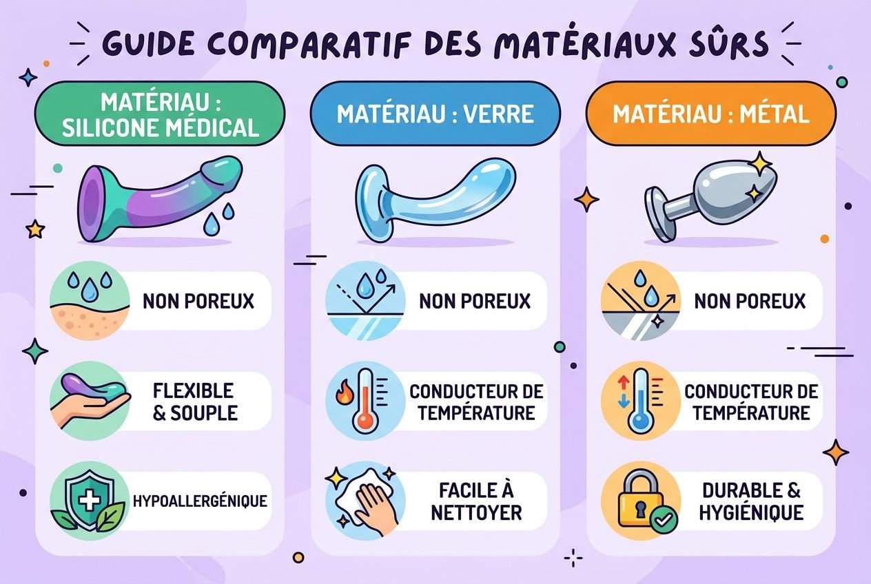 Guide comparatif des matériaux pour sextoys : silicone médical, verre et métal, avec caractéristiques (non poreux, hygiénique, facile à nettoyer, conducteurs de température, flexibles) et icônes explicatives. Keyword intégré: comment choisir un sextoy.