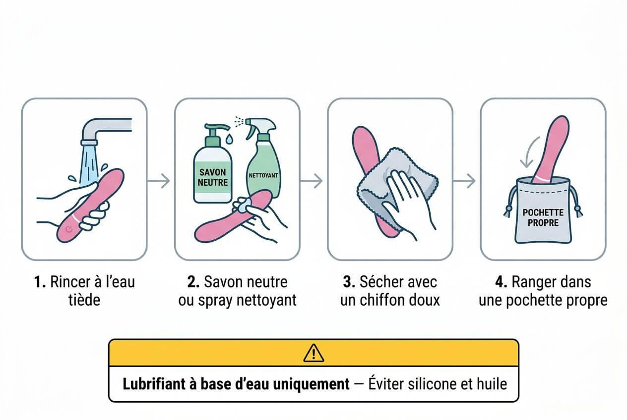 Guides d’entretien d’un vibromasseur débutant non allumé: rincer à l’eau, laver avec savon neutre, sécher avec chiffon doux, ranger dans une pochette propre. choisir lubrifiant à base d’eau. Quel vibromasseur pour débuter intégré naturellement.