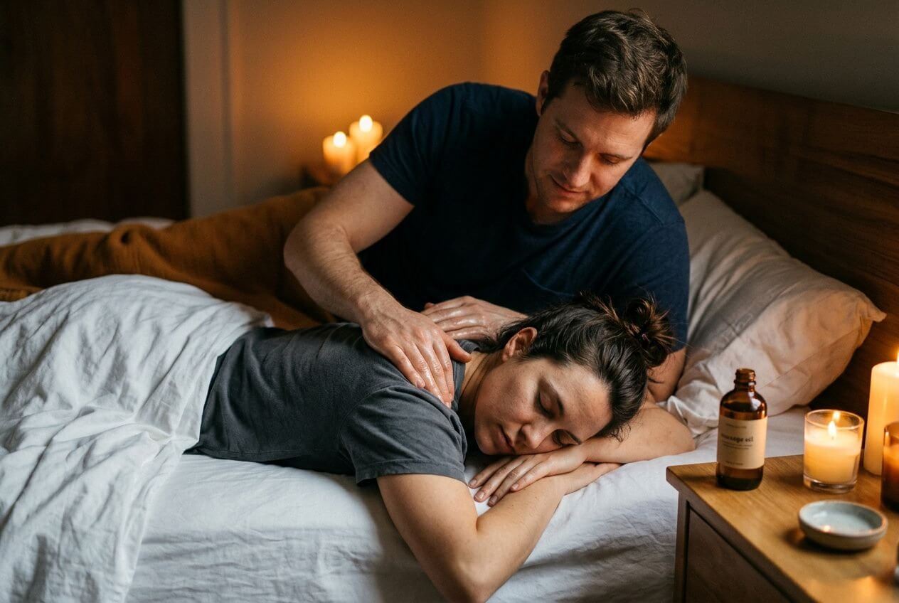 Homme caressant une femme endormie sur un lit, ambiance tamisée avec bougies et bouteille sur la table de chevet. Le décor évoque le confort et l’intimité. comment pimenter sa vie sexuelle en couple.