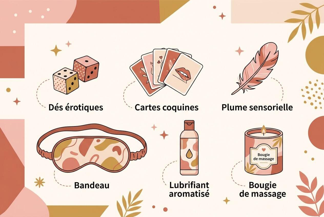 Illustration d’outils et accessoires intimes : dés érotiques, cartes coquine, plume sensorielle, bandeau, lubrifiant aromatisé et bougie de massage. Préliminaires comment bien faire avec nos conseils et techniques