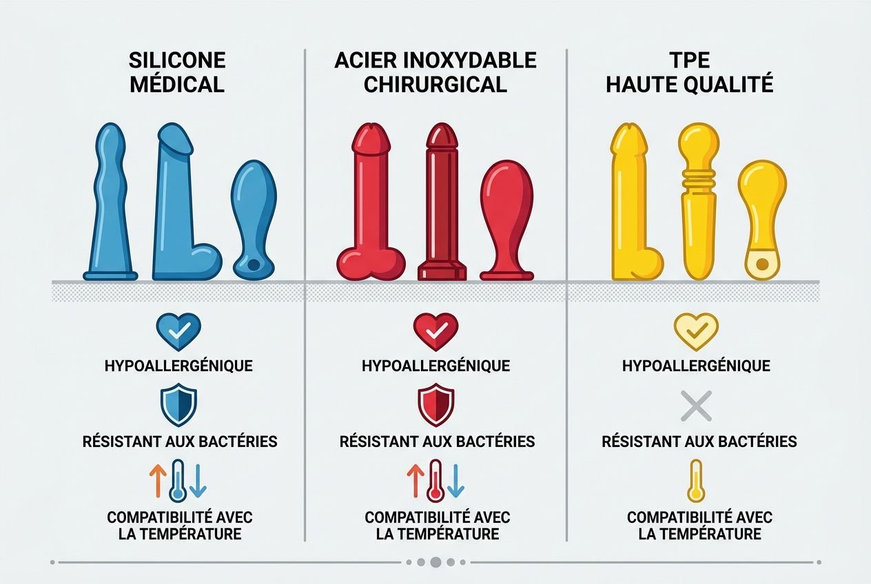 Illustration pédagogique montrant trois segments: silicone médical, acier inoxydable chirurgical et TPE haute qualité, avec pictogrammes hypoallergéniques, résistance bactéries et compatibilité avec la température.