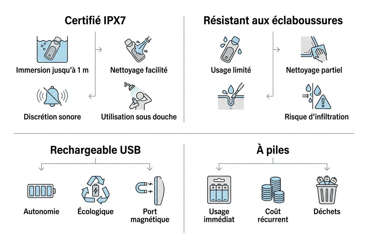 Infographie montrant des symbols techniques: IPX7, immersion et nettoyage facilité; usage discret et sous douche; résistance à ébloussures, nettoyage partiel et risque d’infiltration; recharge USB avec autonomie, écologie et port magnétique; utilisation immédiate, coût récurrent et déchets locaux; tout en ligne guide: comment choisir un sextoy.