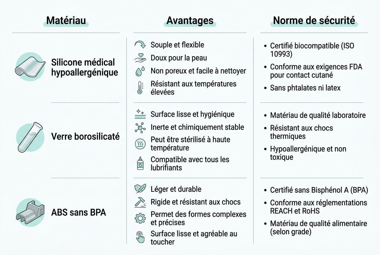 Informations sur les matériaux et normes d’un stimulateur sextech, avec avantages et sécurité. Révolution sextech comment les nouveaux stimulateurs redéfinissent le bien-être intime, matière: silicone médical hypoallergénique, verre borosilicate, ABS sans BPA. Avantages: surface lisse, déhollage facile, résistant aux températures; sécurité: biocompatible, non toxique, conformité FDA et RoHS.