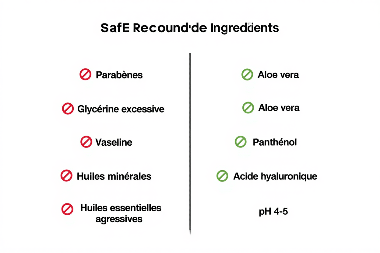 Ingrédients à éviter et recommandés pour lubrifiant intime femme, avec logo Safe Recoud: parabènes et huiles agressives à gauche, aloe vera et acide hyaluronique à droite.