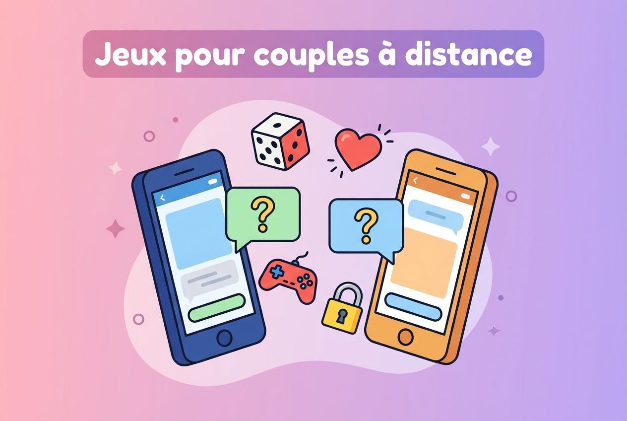 Jeux pour couples à distance : illustration de deux smartphones, dé et cœurs, symbolisant pimenter sa vie de couple à distance.